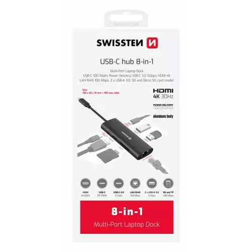 obrázek produktu SWISSTEN USB-C HUB 8-IN-1 (USB-C 100W, HDMI 4K, LAN RJ45, 2x USB-A, 1x USB-C 5GBps, SD, MICRO SD) ALUMINIUM