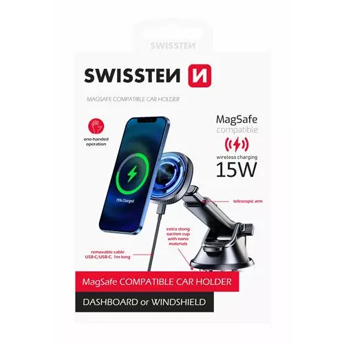 obrázek produktu MAGNETICKÝ DRŽÁK DO AUTA SWISSTEN S BEZDRÁTOVÝM NABÍJENÍM 15W DASHBOARD (kompatibilní s MagSafe)
