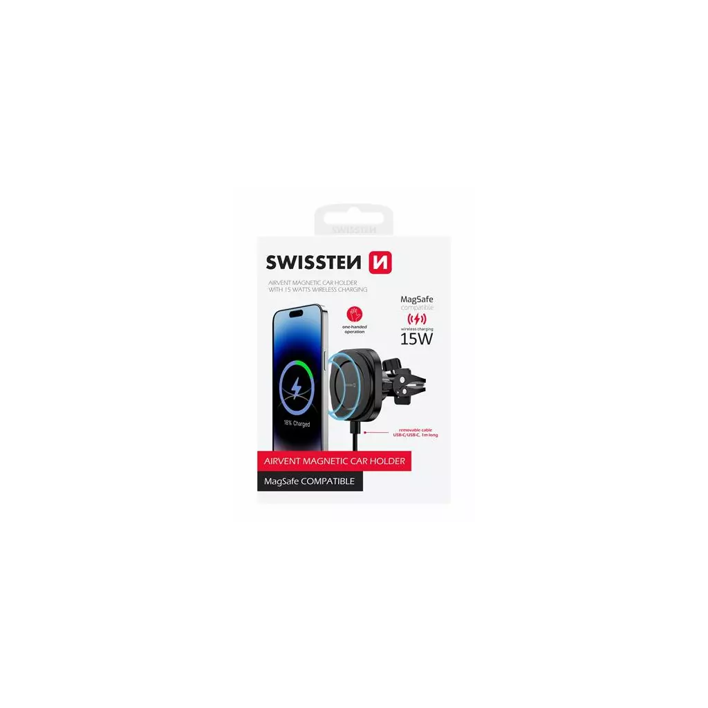 Obrázek produktu MAGNETICKÝ DRŽÁK DO VENTILACE AUTA SWISSTEN MAGSTICK COMPACT S BEZDRÁTOVÝM NABÍJENÍM 15W/7,5W (kompatibilní s MagSafe)