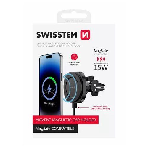 obrázek produktu MAGNETICKÝ DRŽÁK DO VENTILACE AUTA SWISSTEN MAGSTICK COMPACT S BEZDRÁTOVÝM NABÍJENÍM 15W/7,5W (kompatibilní s MagSafe)