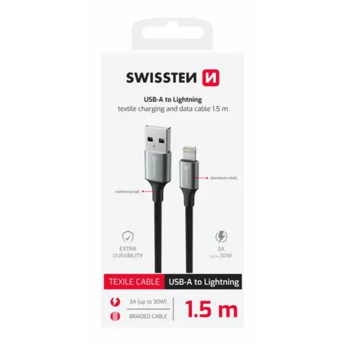 obrázek produktu DATOVÝ KABEL SWISSTEN TEXTILE II USB / LIGHTNING 1,5 M ČERNÝ