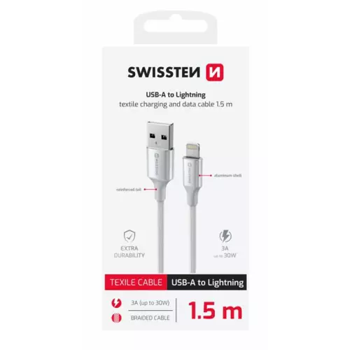 obrázek produktu DATOVÝ KABEL SWISSTEN TEXTILE II USB / LIGHTNING 1,5 M BÍLÝ