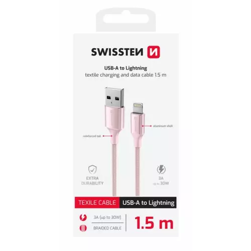 obrázek produktu DATOVÝ KABEL SWISSTEN TEXTILE II USB / LIGHTNING 1,5 M RŮŽOVÝ