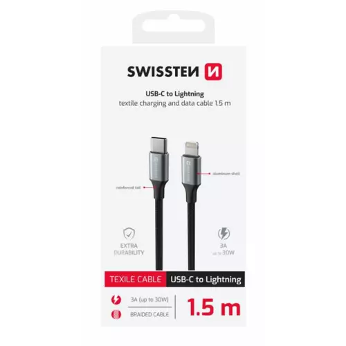 obrázek produktu DATOVÝ KABEL SWISSTEN TEXTILE II USB-C / LIGHTNING 1,5 M ČERNÝ