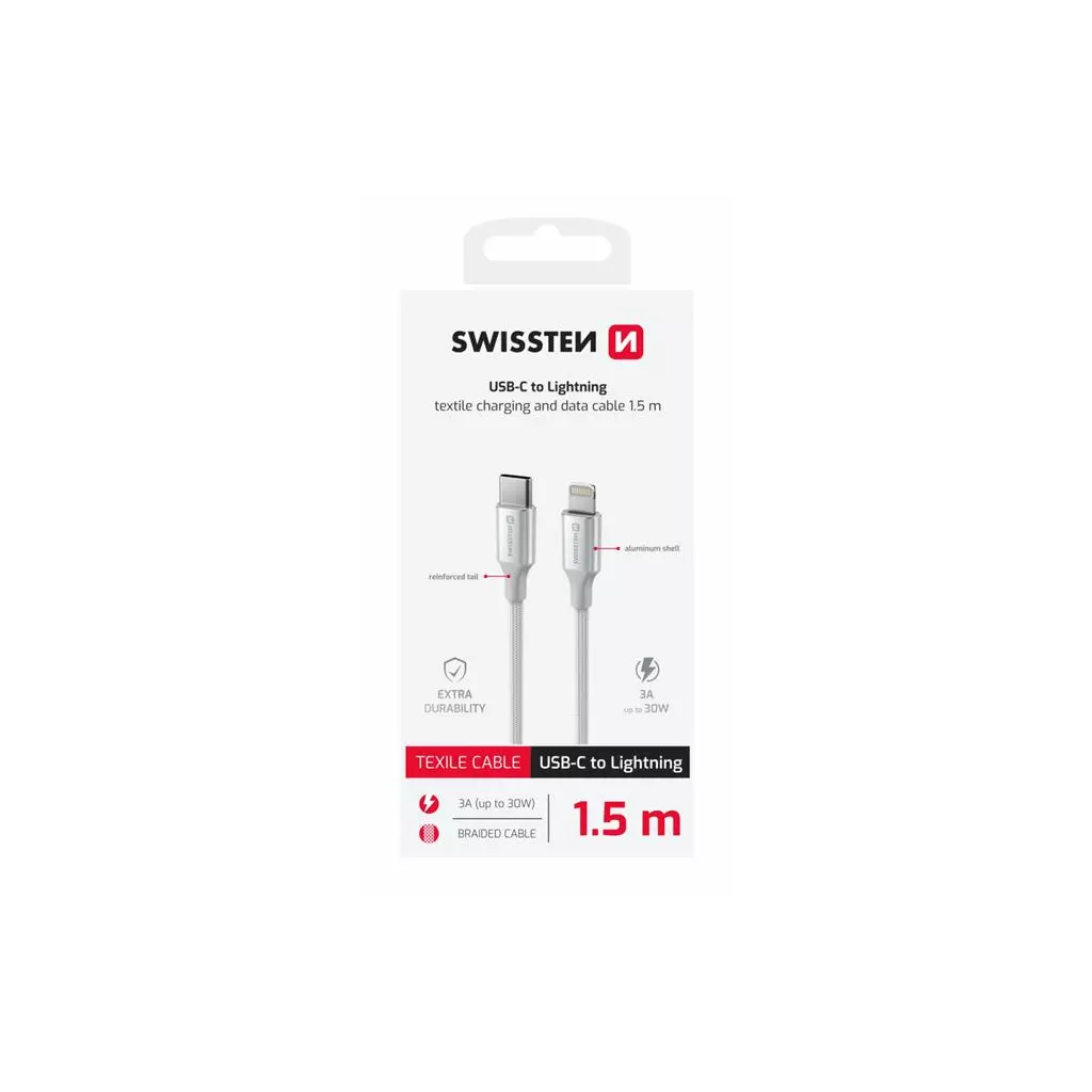 Obrázek produktu DATOVÝ KABEL SWISSTEN TEXTILE II USB-C / LIGHTNING 1,5 M BÍLÝ