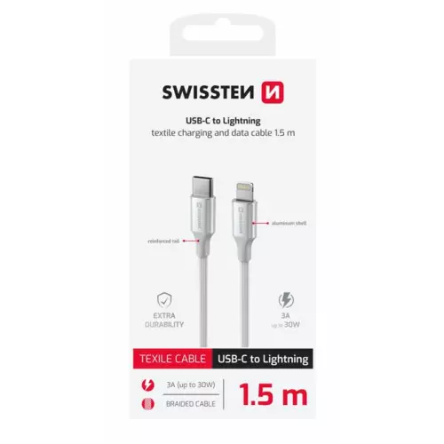 obrázek produktu DATOVÝ KABEL SWISSTEN TEXTILE II USB-C / LIGHTNING 1,5 M BÍLÝ