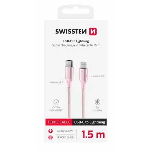 obrázek produktu DATOVÝ KABEL SWISSTEN TEXTILE II USB-C / LIGHTNING 1,5 M RŮŽOVÝ