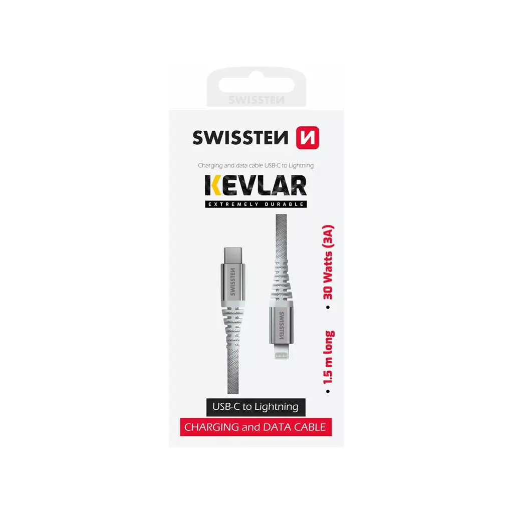Obrázek produktu DATOVÝ KABEL SWISSTEN KEVLAR USB-C / LIGHTNING 1,5 M BÍLÝ