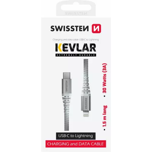 obrázek produktu DATOVÝ KABEL SWISSTEN KEVLAR USB-C / LIGHTNING 1,5 M BÍLÝ