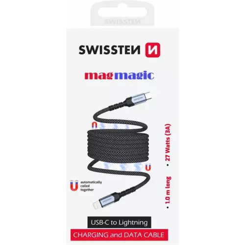 obrázek produktu SWISSTEN MAGNETICKÝ DATOVÝ KABEL SAMONAVÍJECÍ USB-C / LIGHTNING 1 M