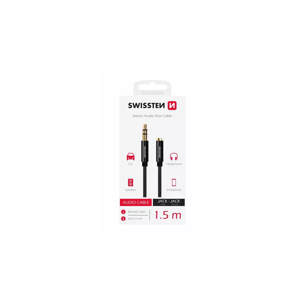 Obrázek produktu AUDIO KABEL SWISSTEN TEXTILE 3,5 mm JACK(samec) - 3,5 mm JACK (samice) 1,5 M ČERNÝ