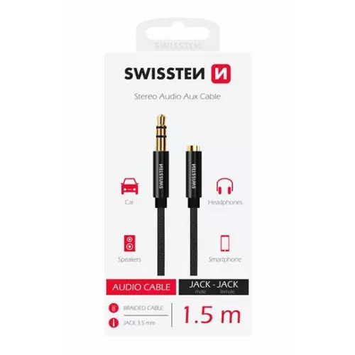 obrázek produktu AUDIO KABEL SWISSTEN TEXTILE 3,5 mm JACK(samec) - 3,5 mm JACK (samice) 1,5 M ČERNÝ