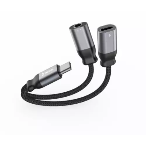 obrázek produktu NABÍJECÍ AUDIO ADAPTÉR SWISSTEN TEXTILE USB-C (samec) / USB-C (samice) a 3,5mm AUX 0,12 M ČERNÝ