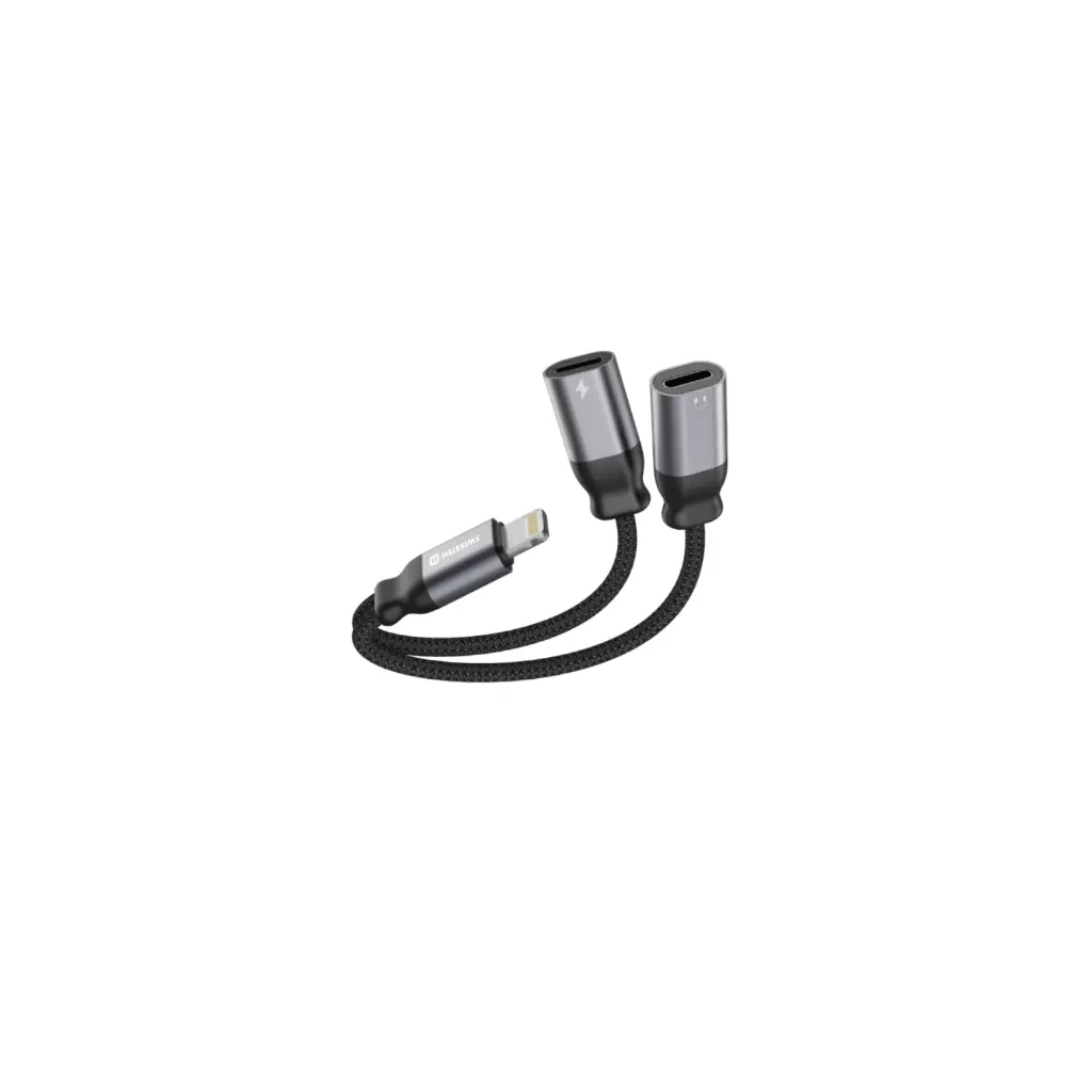 Obrázek produktu NABÍJECÍ AUDIO ADAPTÉR SWISSTEN TEXTILE LIGHTNING (samec) / 2x LIGHTNING (samice) 0,12 M ČERNÝ
