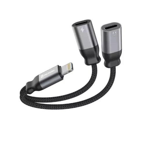 obrázek produktu NABÍJECÍ AUDIO ADAPTÉR SWISSTEN TEXTILE LIGHTNING (samec) / 2x LIGHTNING (samice) 0,12 M ČERNÝ