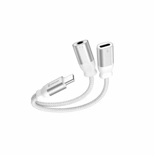 obrázek produktu NABÍJECÍ AUDIO ADAPTÉR SWISSTEN TEXTILE USB-C (samec) / USB-C (samice) a 3,5mm AUX 0,12 M BÍLÝ