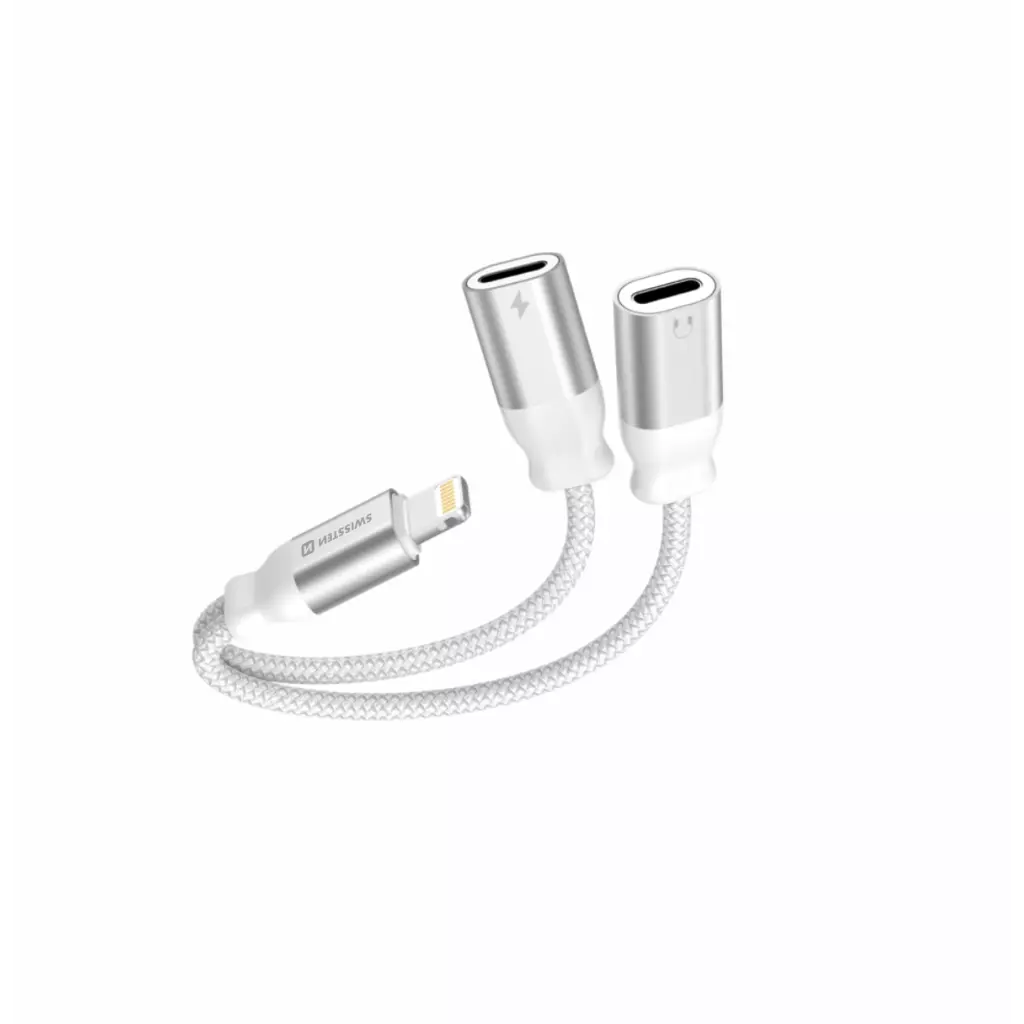 Obrázek produktu NABÍJECÍ AUDIO ADAPTÉR SWISSTEN TEXTILE LIGHTNING (samec) / 2x LIGHTNING (samice) 0,12 M BÍLÝ