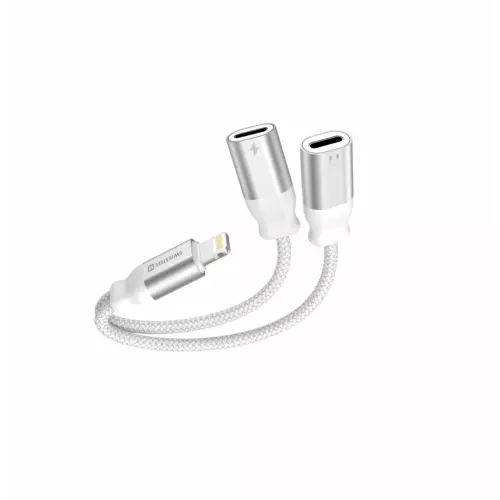 obrázek produktu NABÍJECÍ AUDIO ADAPTÉR SWISSTEN TEXTILE LIGHTNING (samec) / 2x LIGHTNING (samice) 0,12 M BÍLÝ