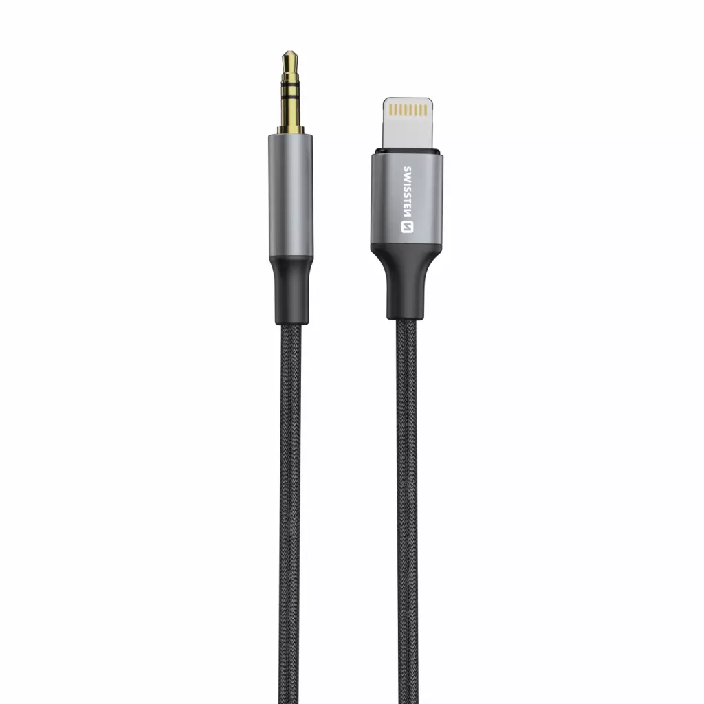 Obrázek produktu AUDIO ADAPTÉR SWISSTEN TEXTILE LIGHTNING (samec) / 3,5 mm JACK (samec) 1,5 M ČERNÝ (nahrazuje 73501213)