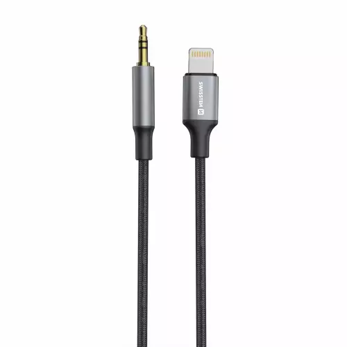 obrázek produktu AUDIO ADAPTÉR SWISSTEN TEXTILE LIGHTNING (samec) / 3,5 mm JACK (samec) 1,5 M ČERNÝ (nahrazuje 73501213)
