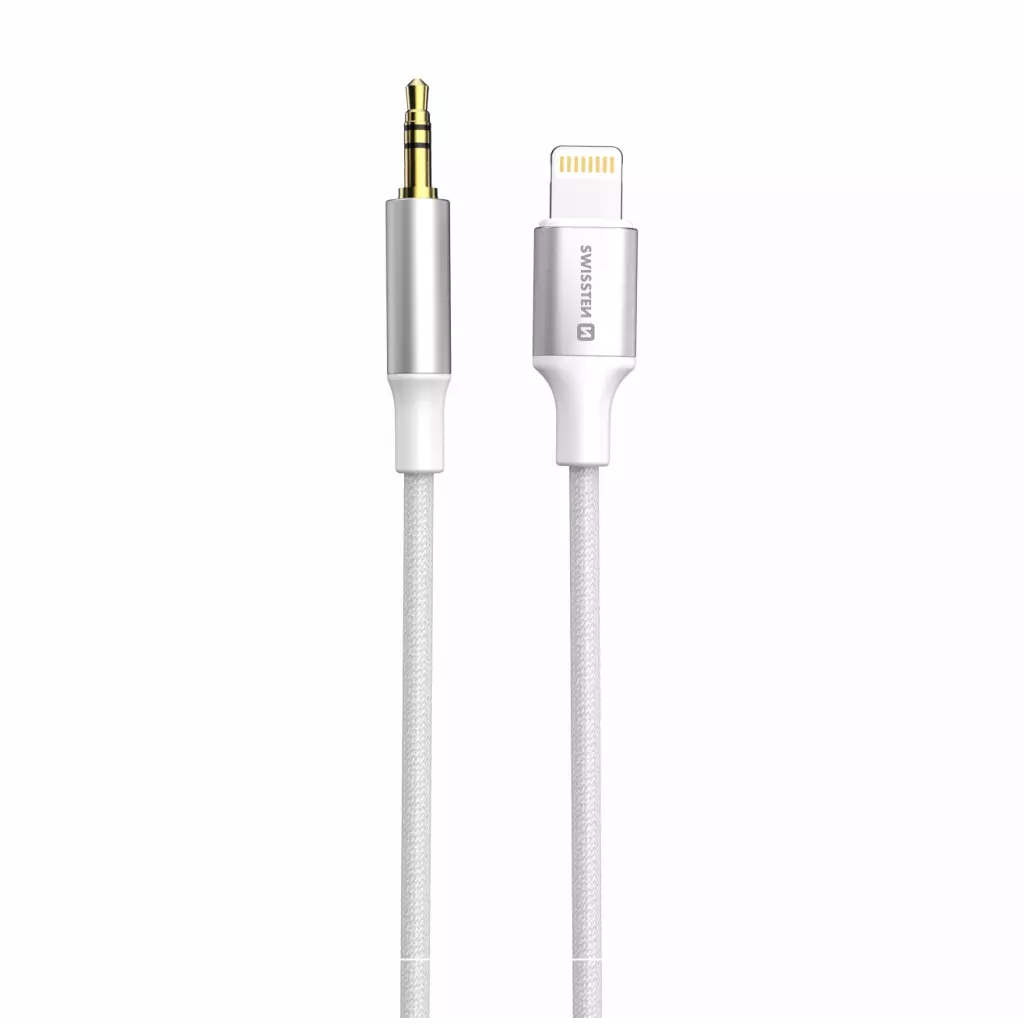 Obrázek produktu AUDIO ADAPTÉR SWISSTEN TEXTILE LIGHTNING (samec) / 3,5 mm JACK (samec) 1,5 M BÍLÝ