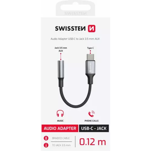 obrázek produktu AUDIO ADAPTÉR SWISSTEN TEXTILE USB-C (samec) / 3,5mm AUX 0,15 M ČERNÝ (nahrazuje 73501301)
