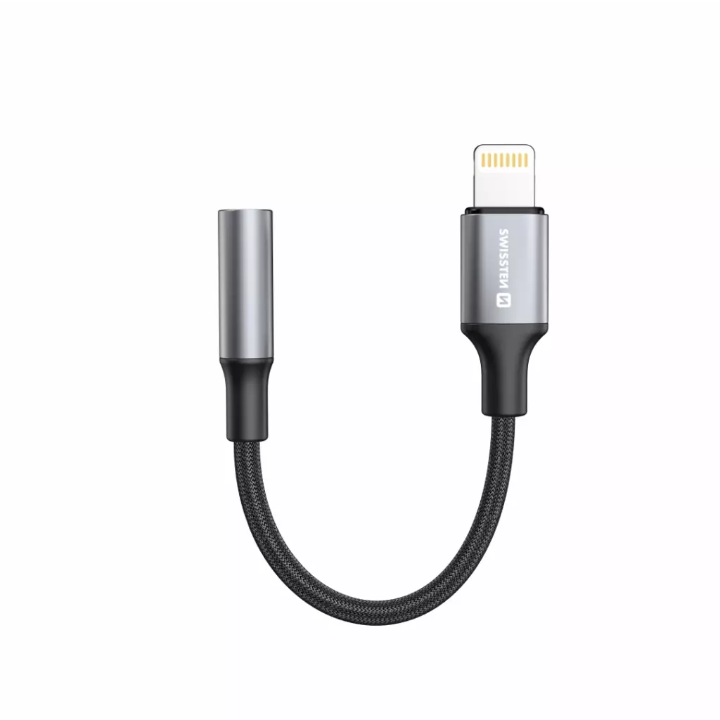 Obrázek produktu AUDIO ADAPTÉR SWISSTEN TEXTILE LIGHTNING (samec) / 3,5mm AUX 0,15 M ČERNÝ (nahrazuje 73501211)