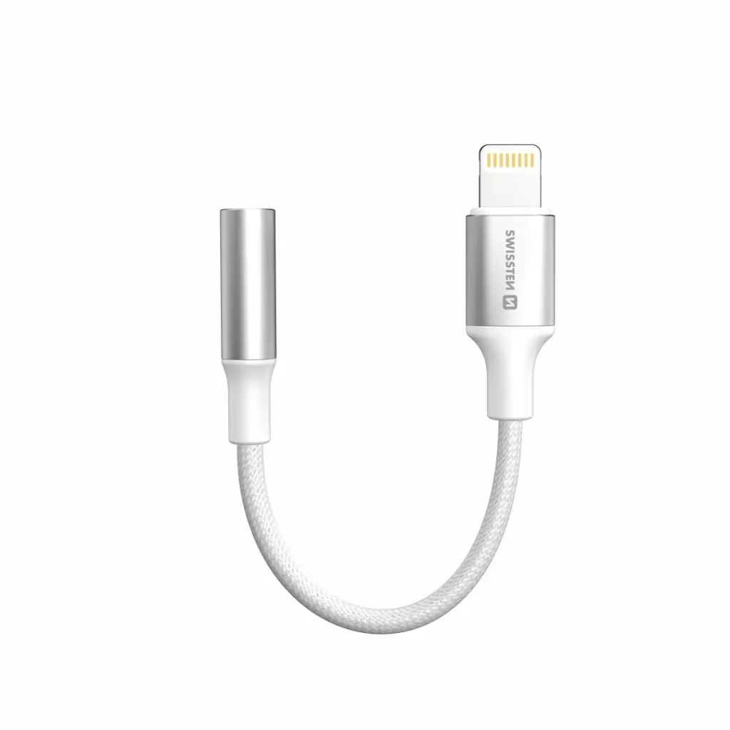 Obrázek produktu AUDIO ADAPTÉR SWISSTEN TEXTILE LIGHTNING (samec) / 3,5mm AUX 0,15 M BÍLÝ (nahrazuje 73501212)
