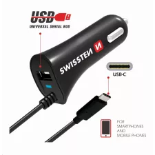 obrázek produktu SWISSTEN nabíječ 2v1 1xUSB 1x kabel USB-C 12V/2,4A ČERNÁ