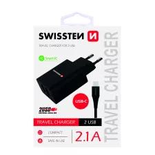 obrázek produktu SWISSTEN adaptér 230V/2,1A 2xUSB + USB-C kabel 1,2m ČERNÁ