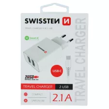 obrázek produktu SWISSTEN adaptér 230V/2,1A 2xUSB + USB-C kabel 1,2m BÍLÁ
