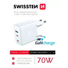 obrázek produktu SWISSTEN adaptér GaN 230V 70W POWER DELIVERY pro iPhone 2xUSB-C + 1xUSB BÍLÁ