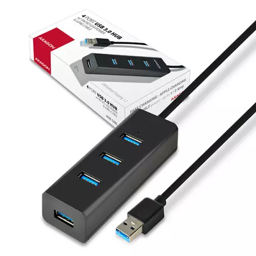 obrázek produktu AXAGON HUE-S2BL, 4x USB 3.0 CHARGING hub, micro USB nap. konektor, kabel USB-A 1.2m