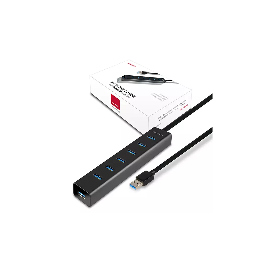 Obrázek produktu AXAGON HUE-SA7BP, 7x USB 3.0 ALU CHARGING hub, vč. AC adaptéru, kabel USB-A 40cm