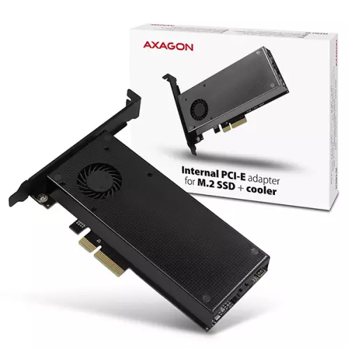 obrázek produktu AXAGON PCEM2-DC, PCIe x4 - M.2 NVMe M-key + SATA B-key slot adaptér, chladič, vč. LP