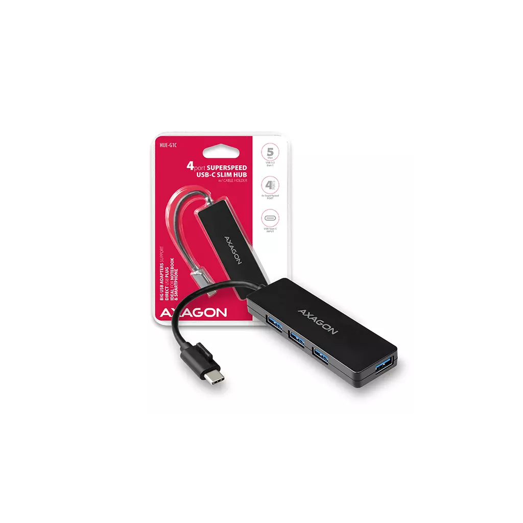 Obrázek produktu AXAGON HUE-G1C, 4x USB 3.2 Gen 1 SLIM hub, kabel Type-C 14cm napevno