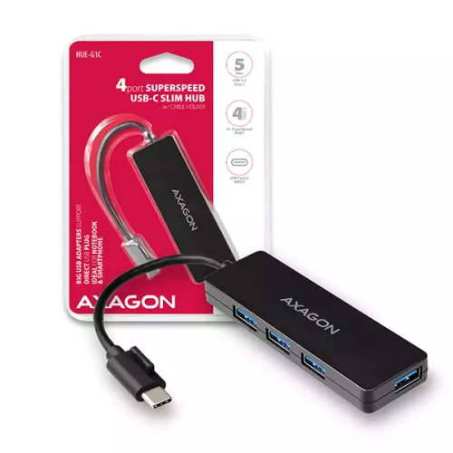 obrázek produktu AXAGON HUE-G1C, 4x USB 3.2 Gen 1 SLIM hub, kabel Type-C 14cm napevno