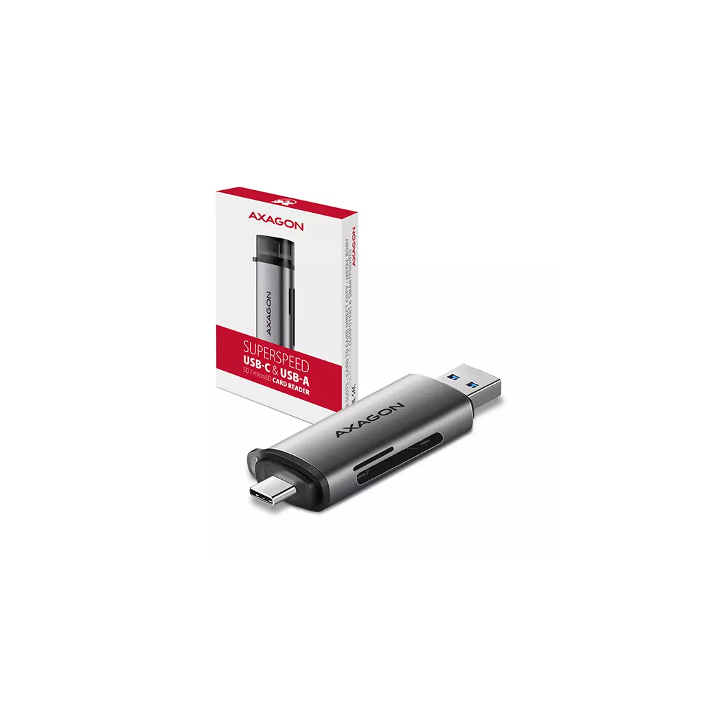 Obrázek produktu AXAGON CRE-SAC, USB3.2 Gen 1 Type-C + Type-A externí čtečka karet SD/microSD, podpora UHS-I