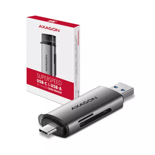 obrázek produktu AXAGON CRE-SAC, USB3.2 Gen 1 Type-C + Type-A externí čtečka karet SD/microSD, podpora UHS-I