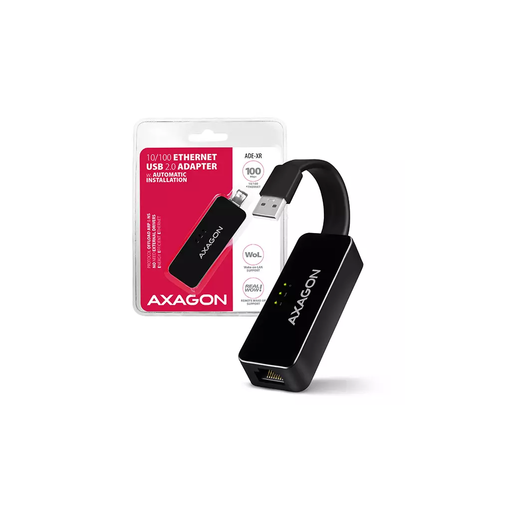Obrázek produktu AXAGON ADE-XR, USB 2.0 - Fast Ethernet síťová karta, auto instal, černá