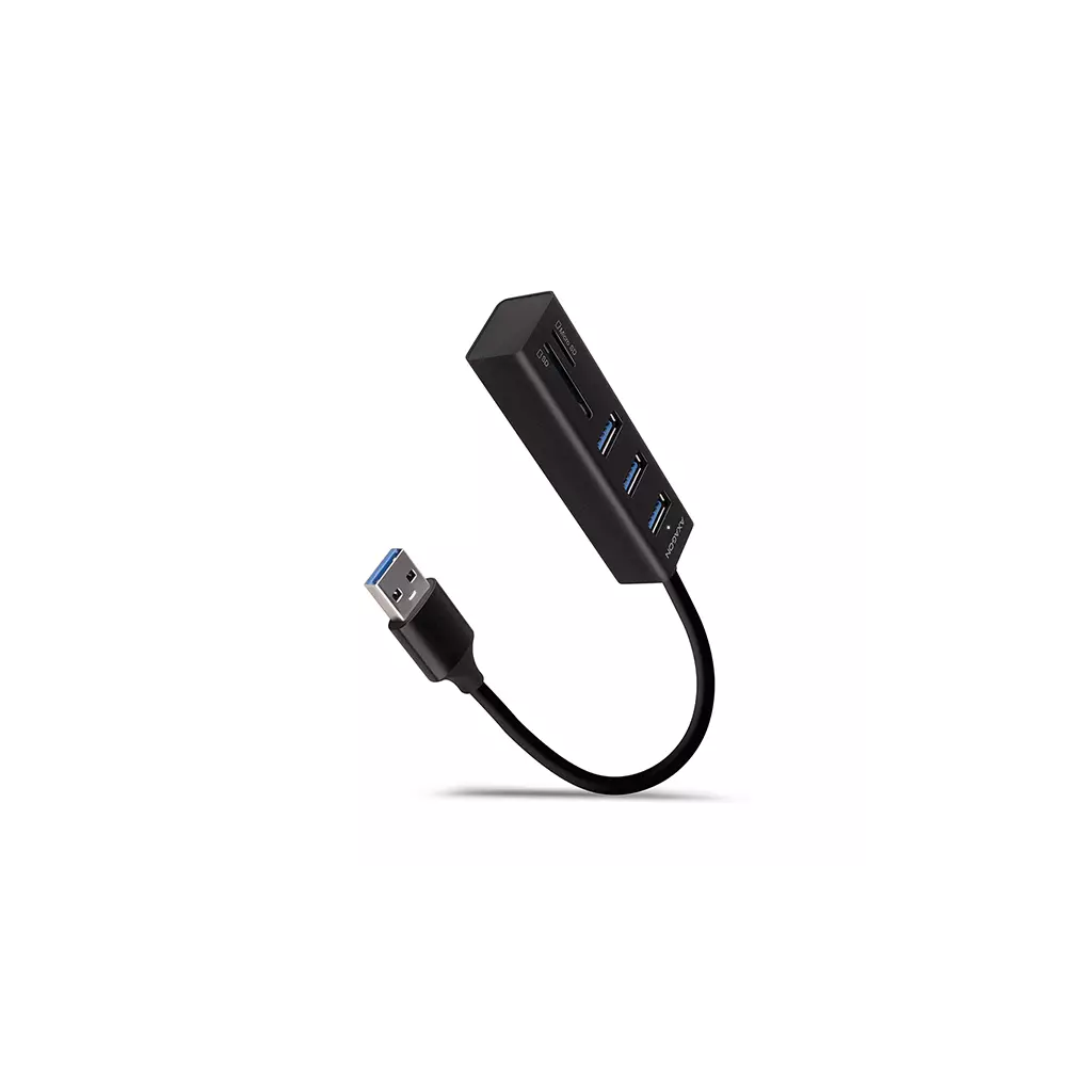 Obrázek produktu AXAGON HMA-CR3A, USB 3.2 Gen 1 hub, porty 3x USB-A + čtečka karet SD/microSD, kovový, kabel USB-A 20