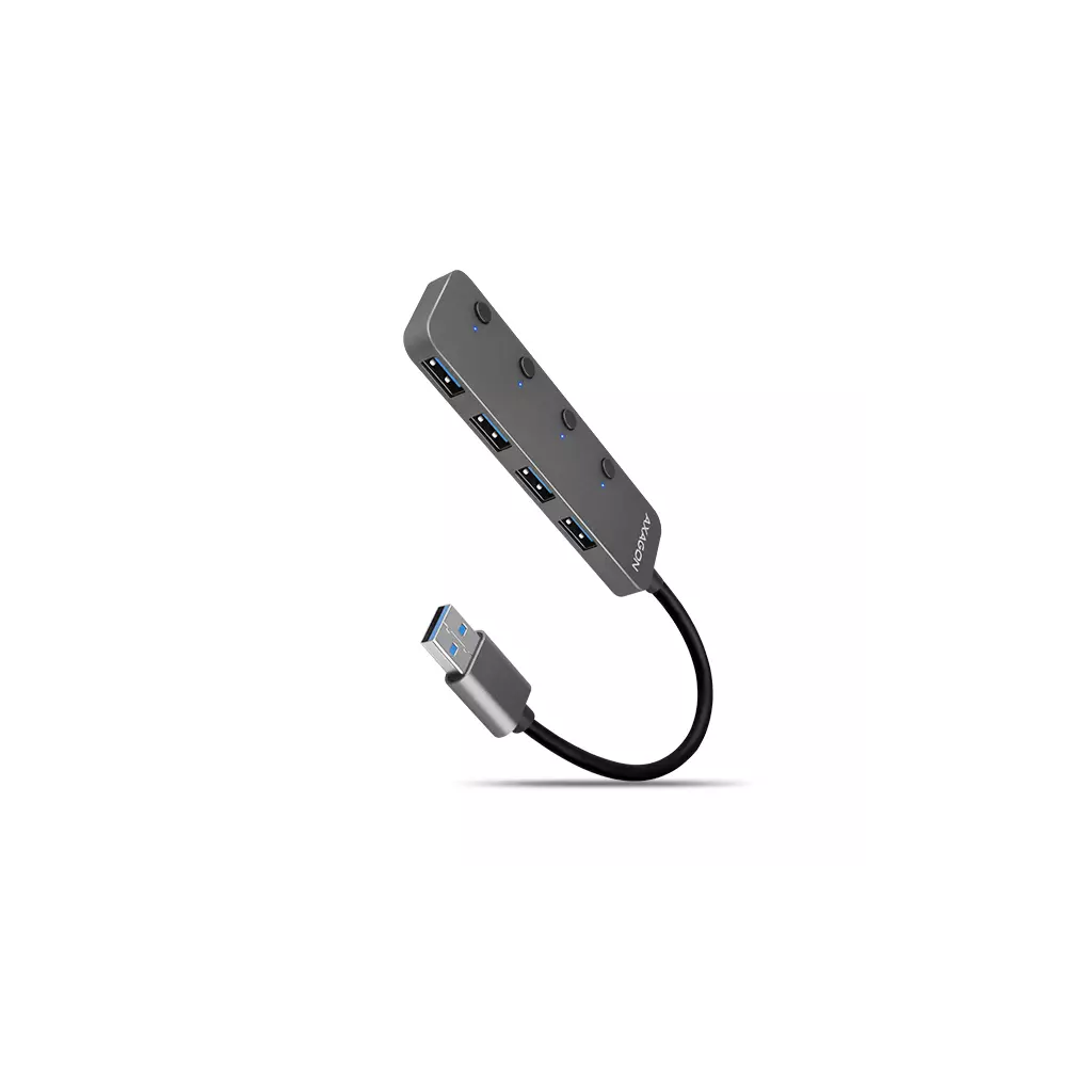 Obrázek produktu AXAGON HUE-MSA, 4x USB 3.2 Gen 1 SWITCH hub, kovový, micro USB nap. konektor, kabel USB-A 20cm