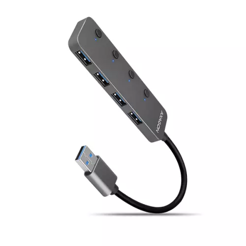 obrázek produktu AXAGON HUE-MSA, 4x USB 3.2 Gen 1 SWITCH hub, kovový, micro USB nap. konektor, kabel USB-A 20cm