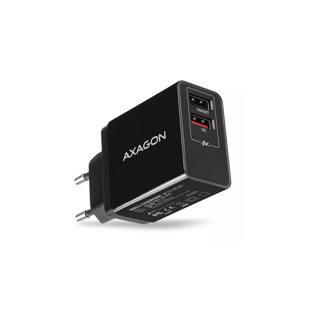 Obrázek produktu AXAGON ACU-QS24, QC & SMART nabíječka do sítě 24W, 2x USB-A port, QC3.0/AFC/FCP + 5V/1.2A