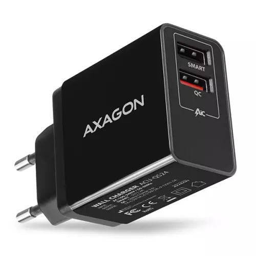 obrázek produktu AXAGON ACU-QS24, QC & SMART nabíječka do sítě 24W, 2x USB-A port, QC3.0/AFC/FCP + 5V/1.2A