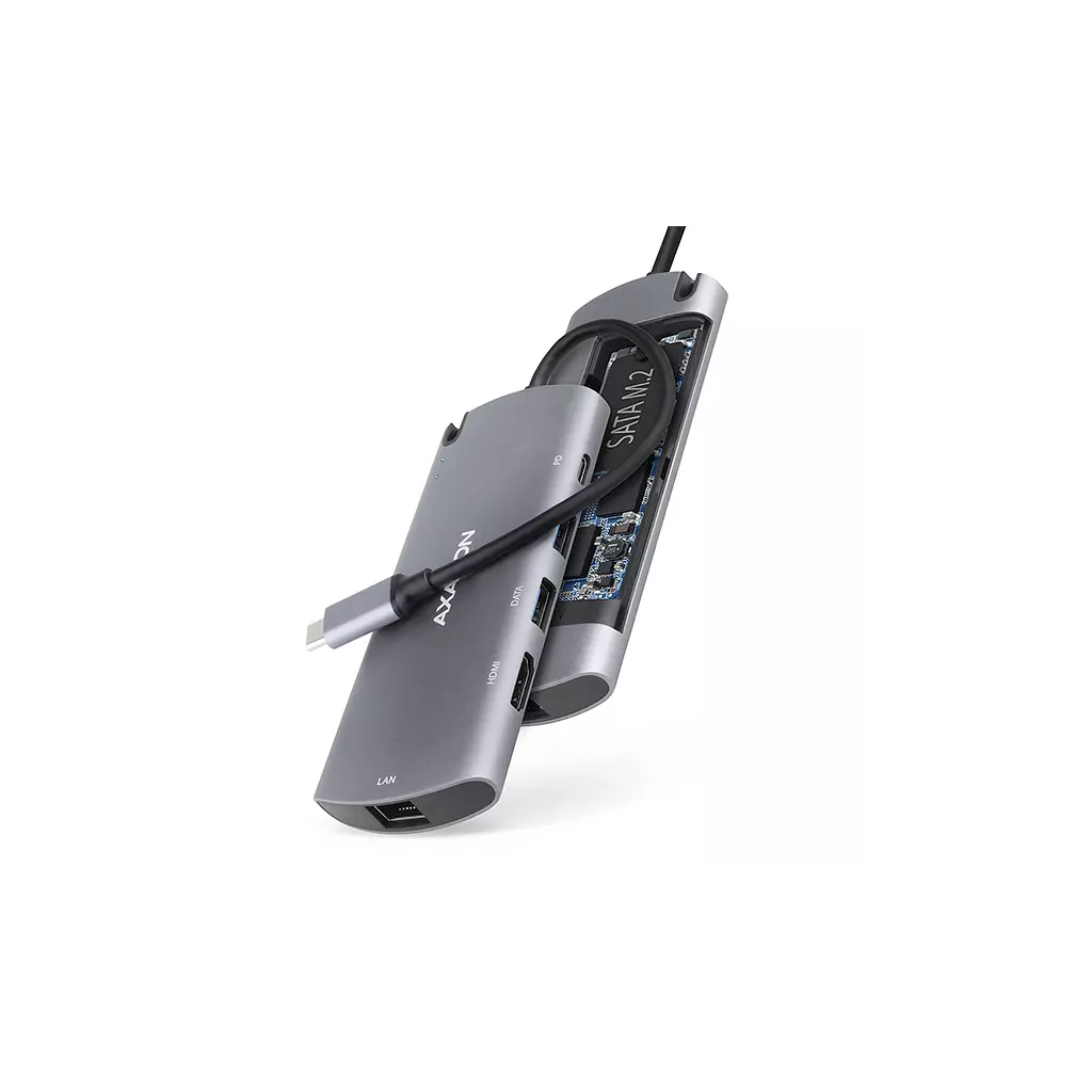 Obrázek produktu AXAGON HMC-6M2, USB 3.2 Gen 1 hub, 2x USB-A, HDMI, RJ-45 GLAN, SATA M.2, PD 100W, kabel USB-C 18cm