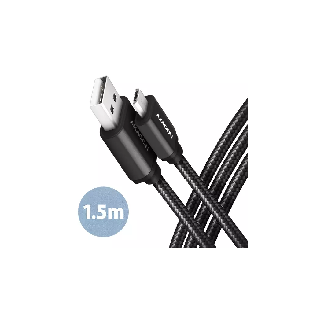 Obrázek produktu AXAGON BUMM-AM15AB, HQ kabel Micro USB <-> USB-A, 1.5m, USB 2.0, 2.4A, ALU, oplet, černý