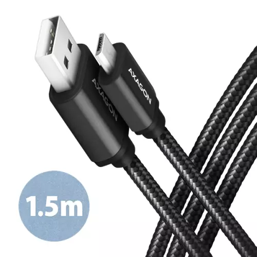 obrázek produktu AXAGON BUMM-AM15AB, HQ kabel Micro USB <-> USB-A, 1.5m, USB 2.0, 2.4A, ALU, oplet, černý
