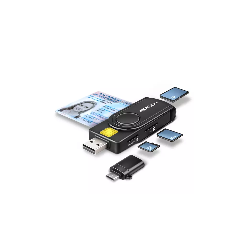 Obrázek produktu AXAGON CRE-SMP2A, USB-A + USB-C PocketReader 4-slot čtečka Smart card (eObčanka) + SD/microSD/SIM