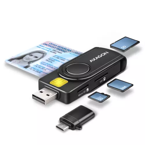 obrázek produktu AXAGON CRE-SMP2A, USB-A + USB-C PocketReader 4-slot čtečka Smart card (eObčanka) + SD/microSD/SIM